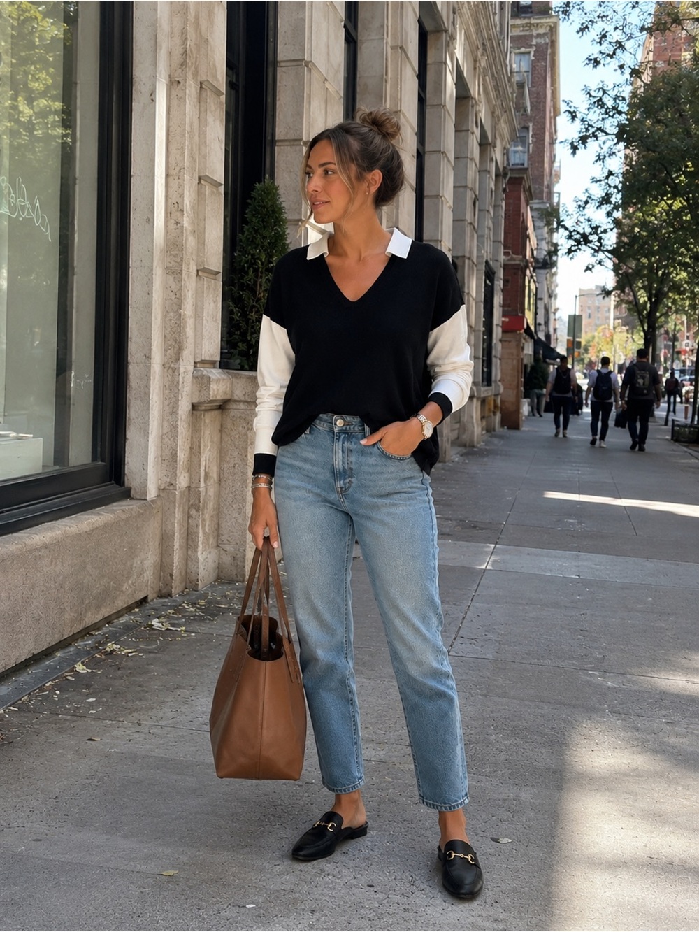 Sioni Black V‑Neck Sweater with White Collar & Sleeves-00B